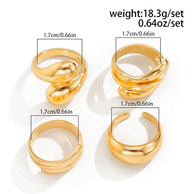Un ensemble de 4 bagues élégantes et minimalistes dorées, réglables et ouvertes pour femmes, avec un design géométrique en spirale multicouche et en forme de larme, adaptées à toutes les saisons. Main Image