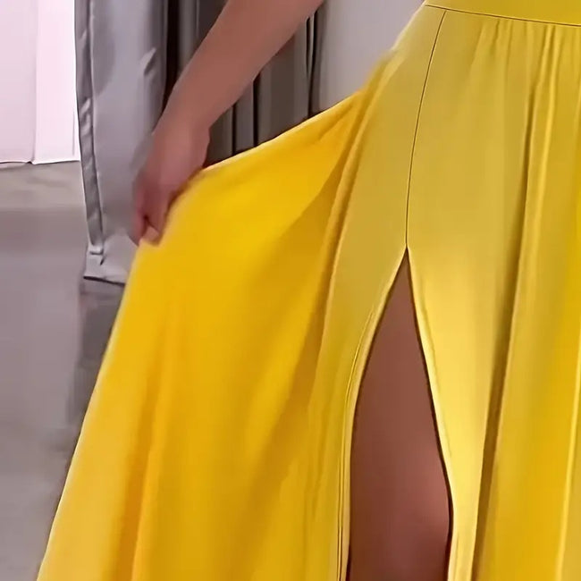 Robe longue sexy pour femme, col en V profond, bretelles spaghetti, sans manches, dos nu, fente haute Main Image