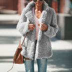Manteau Femme Hiver à Revers Manches Longues en Fausse Fourrure Moelleuse