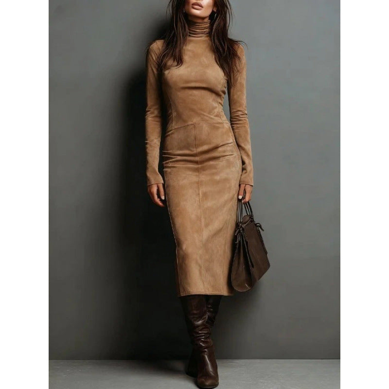 Robe longue à col roulé et manches longues, moulante, sexy, pour femme