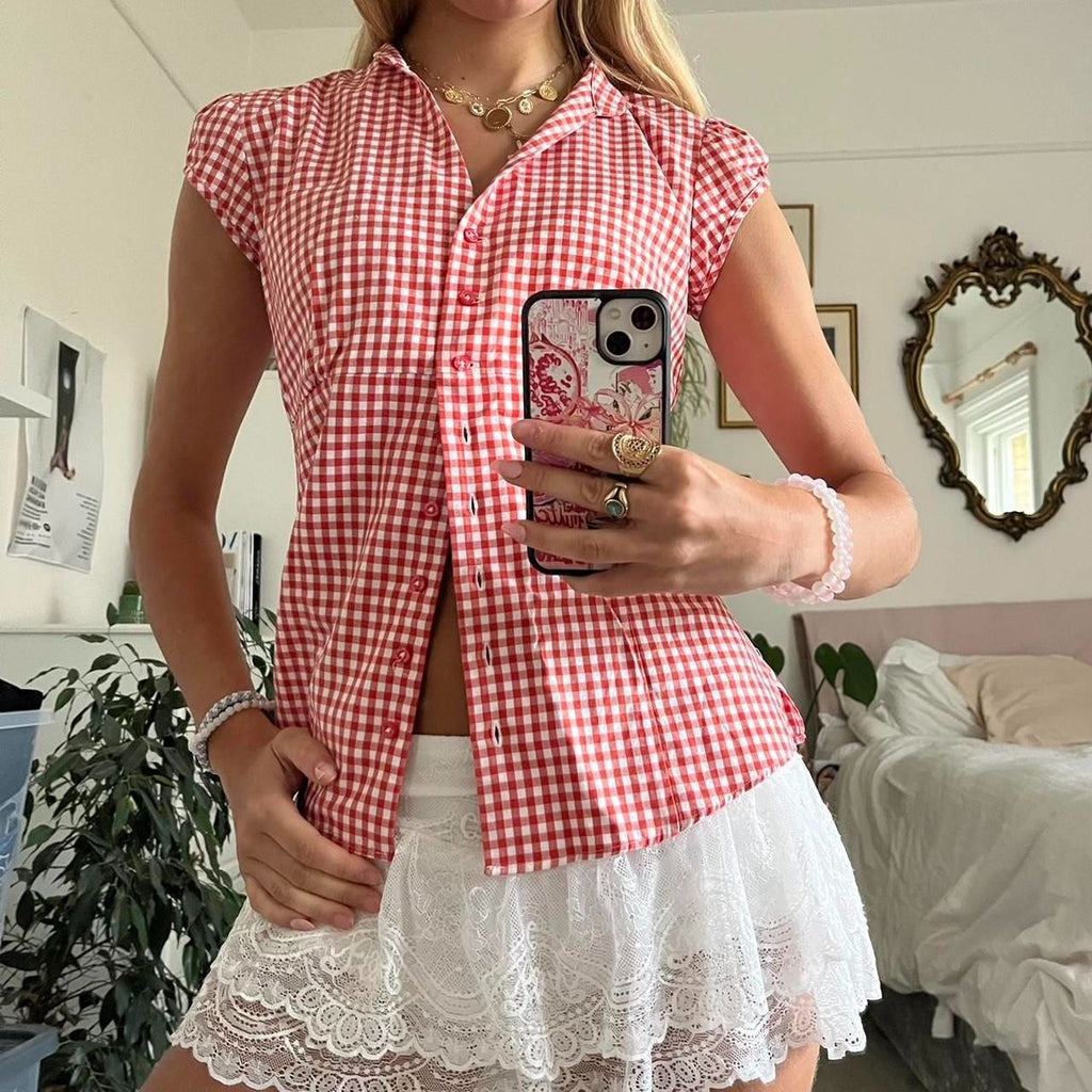 Chemise à carreaux rouge et blanche à manches courtes pour femme