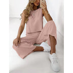 Ensemble deux pièces sans manches pour femme en coton et lin, chemise et pantalon large court