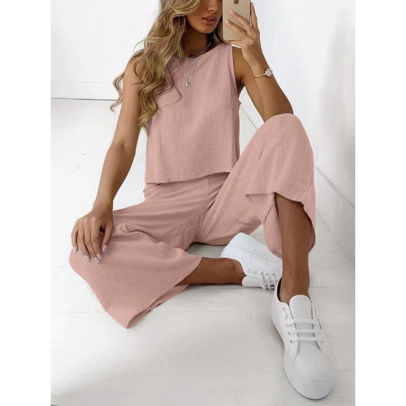 Ensemble deux pièces sans manches pour femme en coton et lin, chemise et pantalon large court
