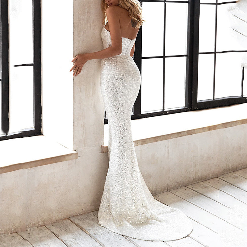 Robe Moulante Tendance Européenne et Américaine à Paillettes Blanches pour Femmes