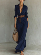 Robe longue irrégulière avec ceinture, chemise habillée à revers boutonnés, manches longues, mode et élégance, tenue décontractée pour le bureau ou les trajets quotidiens pour femmes
