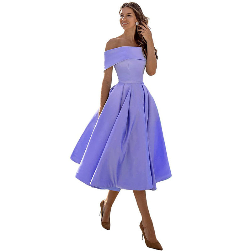 Robe de Soirée Formelle en Satin pour Femme sans Bretelles, Coupe Décontractée, Longueur Thé, Épaules Dénudées, avec Poches