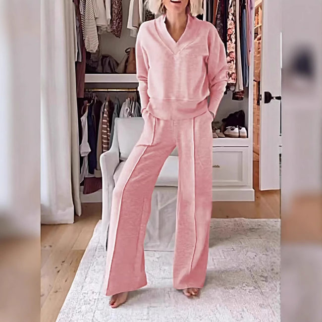 Ensemble Survêtement Femme, Pull Col Chemise, Haut Col V Manches Longues et Pantalon Ample Droit, Tenue Décontractée Mode Main Image
