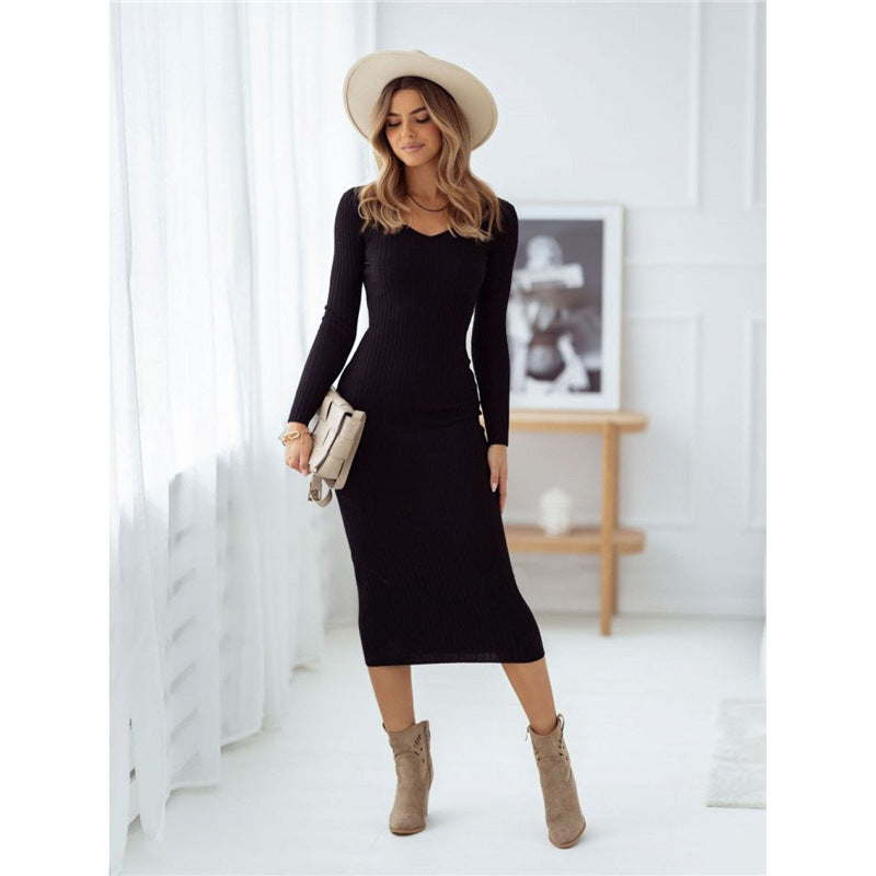Robe Midi Femme en Maille Couleur Unie