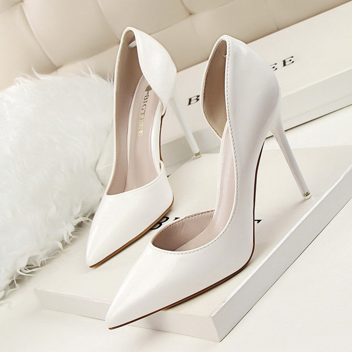 Stiletto patent leather shallow pointed high heels