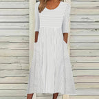 Robe mi-longue rayée décontractée à col rond et manches courtes pour femmes
