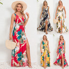 Robe longue sans manches col en V imprimé floral mode d'été avec ceinture et fente pour femme