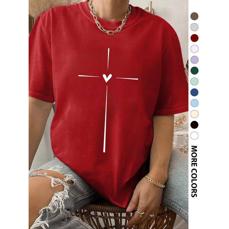T-shirt ras du cou à motif cœur croisé pour femme