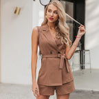 Fashion Striped Suit Collar Lace Up Shorts Set