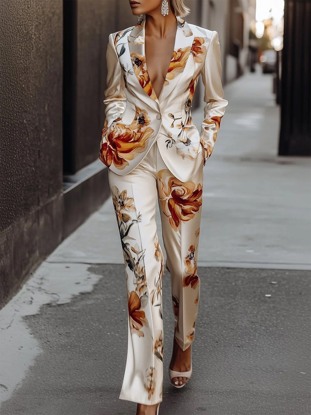 Ensemble deux pièces de costume en satin imprimé à manches longues