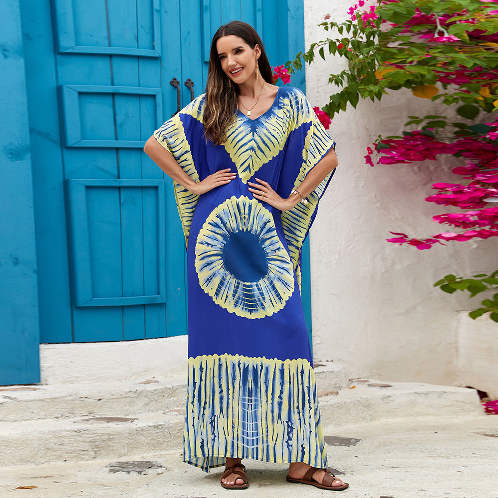 Robe longue en rayonne imprimée à col en V pour les vacances