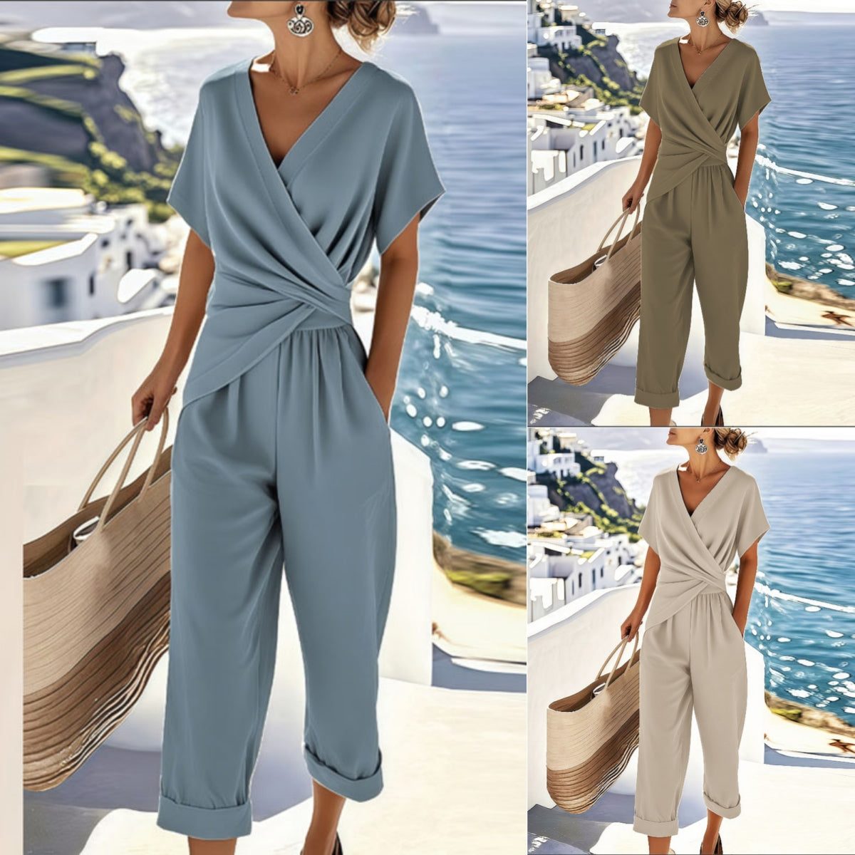 Ensemble deux pièces pour femme, couleur unie, coupe irrégulière, manches courtes, costume d'été, col en V, coupe ajustée, tenue de bureau décontractée, haut plissé irrégulier et pantalon.