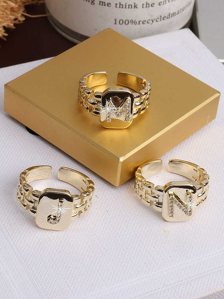 Bague chaîne maillons de bracelet de montre carrés épais en strass lettre initiale A-Z brillantes pour femme Bijoux de boutique