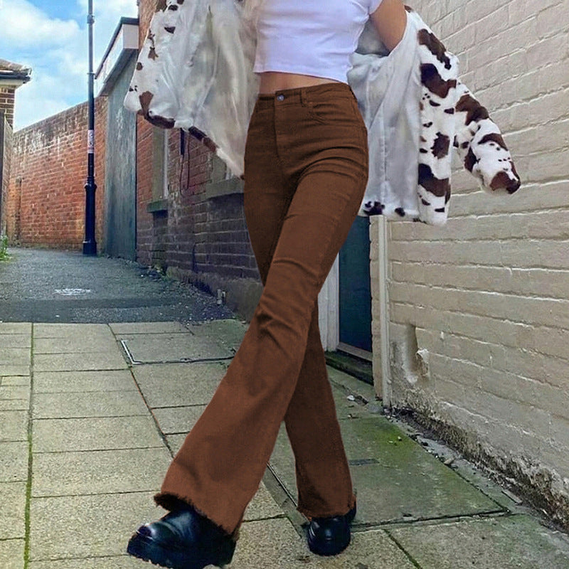 Pantalon décontracté femme évasé taille haute extensible marron