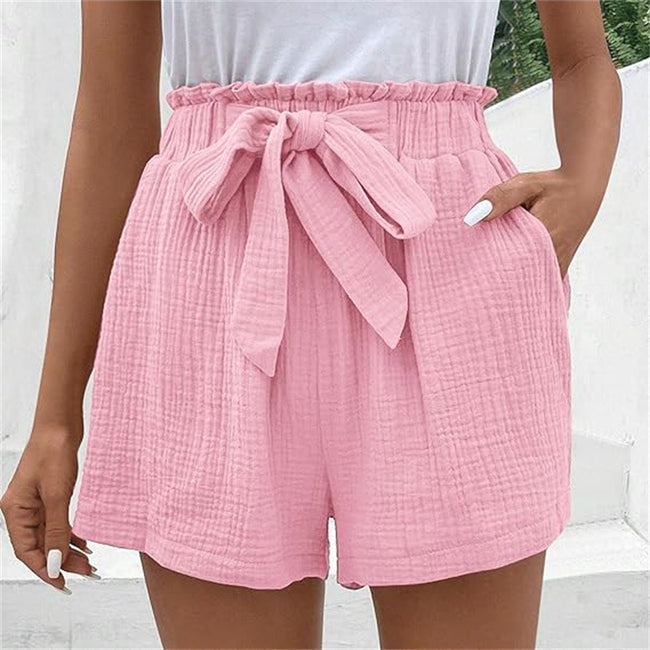 Short décontracté à taille élastique de couleur unie pour femme, taille haute, coupe ample, jambe large et simple Hover Image
