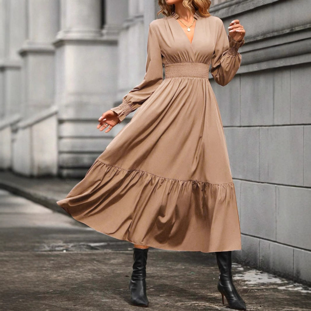 Robe femme col V manches longues lanterne