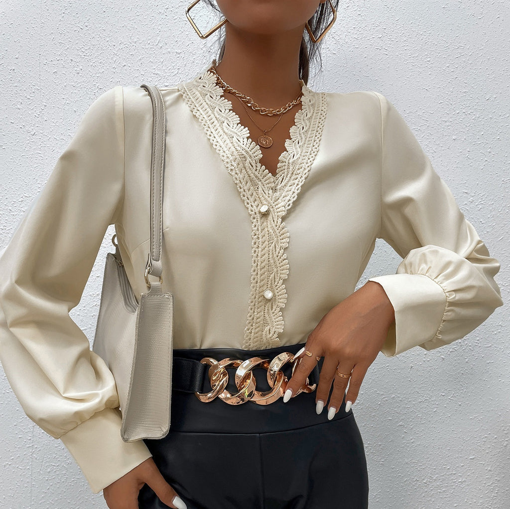 Chemisier femme élégant à col en V, coutures en dentelle cils