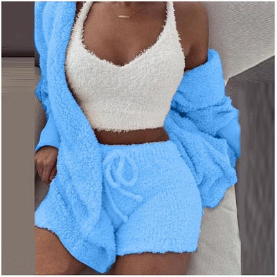 Ensemble pyjama sexy pour femme, tenue décontractée d'intérieur pour l'hiver, débardeur court à manches longues exposant le nombril et short, ensemble doux et chaud