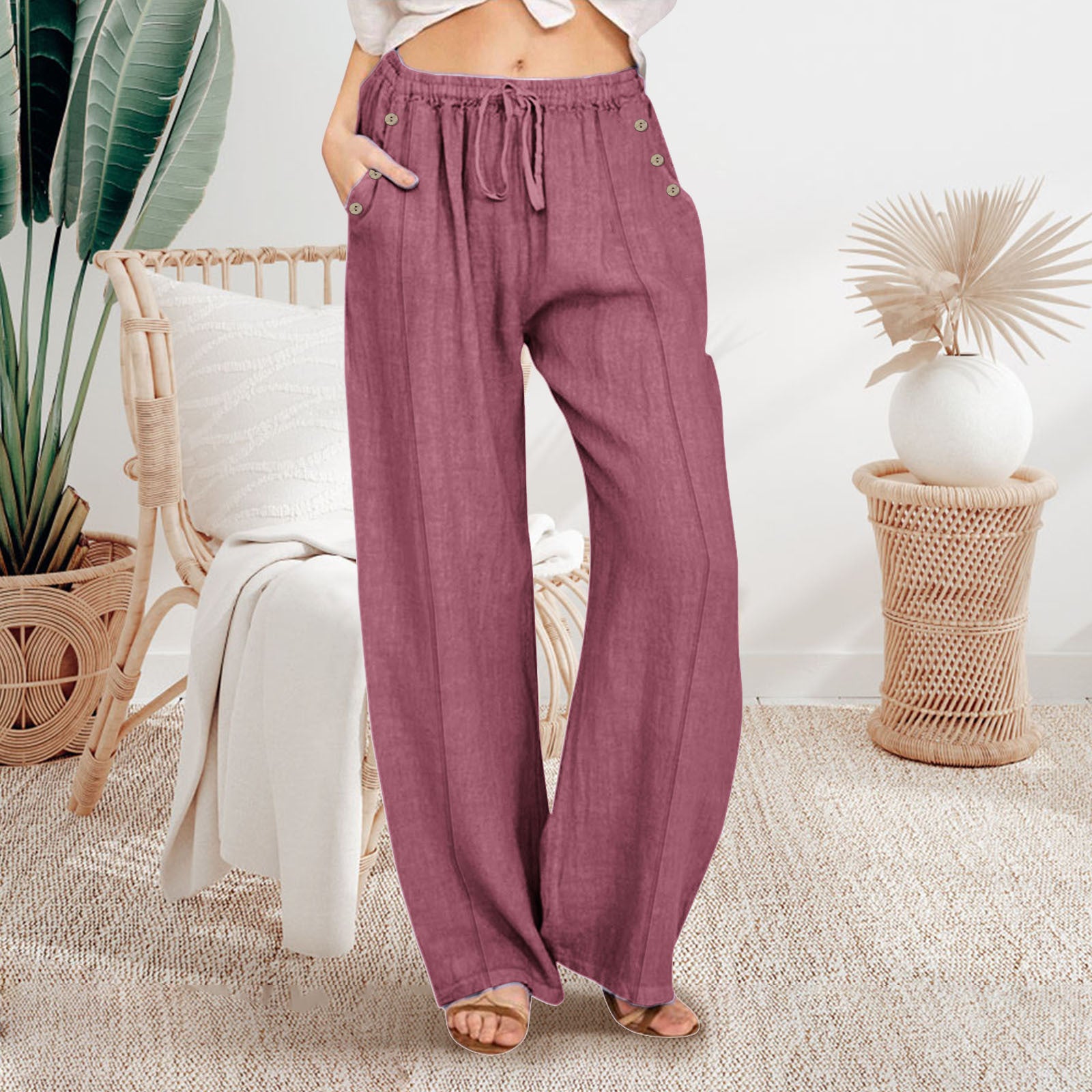 Pantalon ample décontracté à jambes larges et boutonnées pour femme