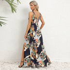 Robe longue sans manches col en V imprimé floral mode d'été avec ceinture et fente pour femme