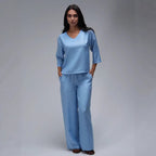 Womens Casual Two-Piece Set Fashionable Solid-Color Loose Cropped-Sleeve Wide-Leg Pants Suit