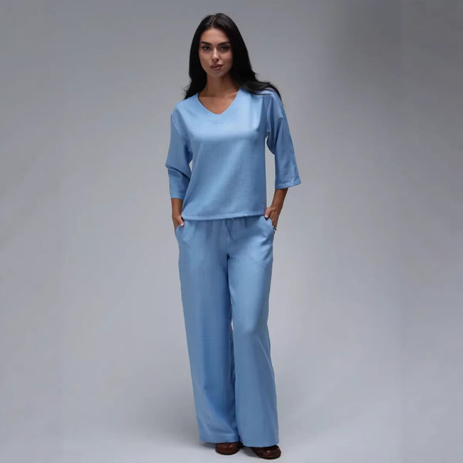 Ensemble deux pièces décontracté pour femme, couleur unie à la mode, manches courtes amples, pantalon large. Hover Image