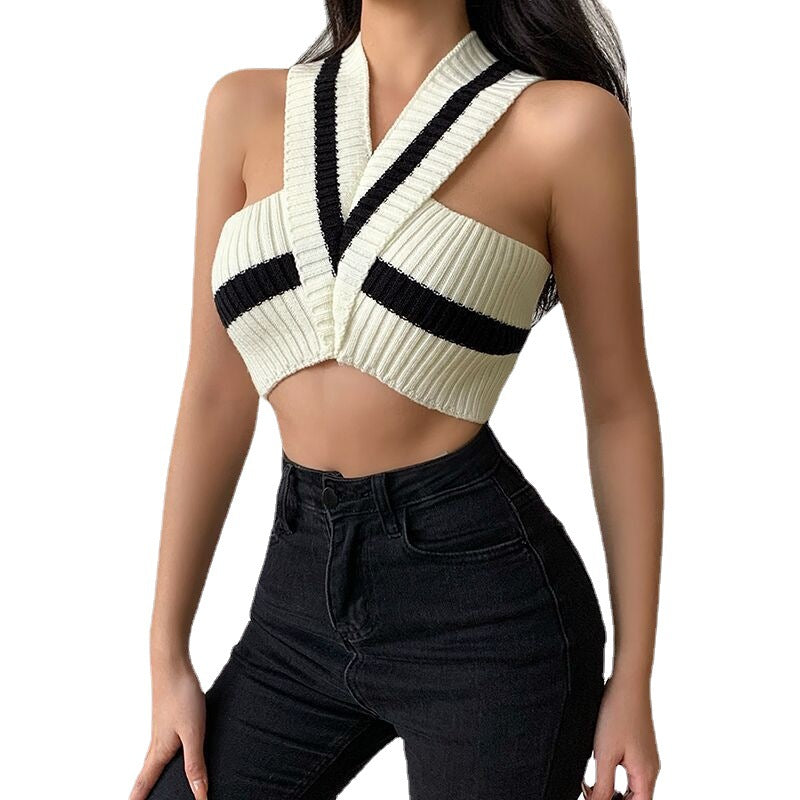 Haut court dos nu rayé en maille à col en V pour femme