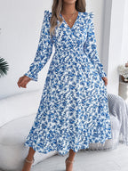Robe longue élégante à col en V croisé avec motif floral, taille ajustée et ourlet à volants pour femme