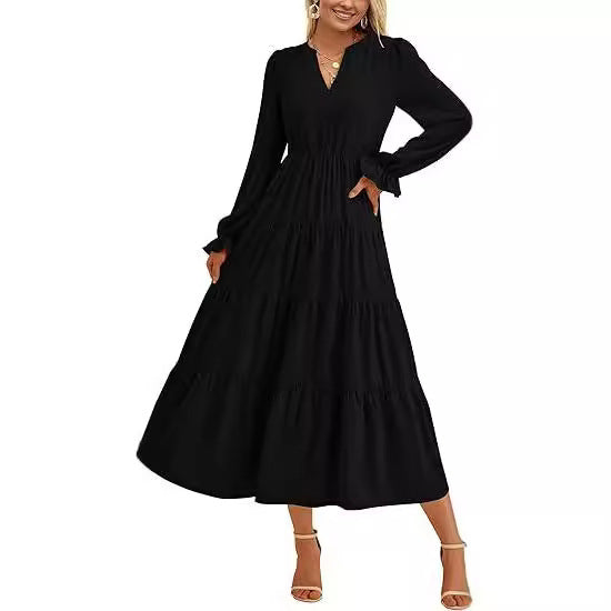 Robe longue fluide à volants superposés pour l'automne Hover Image