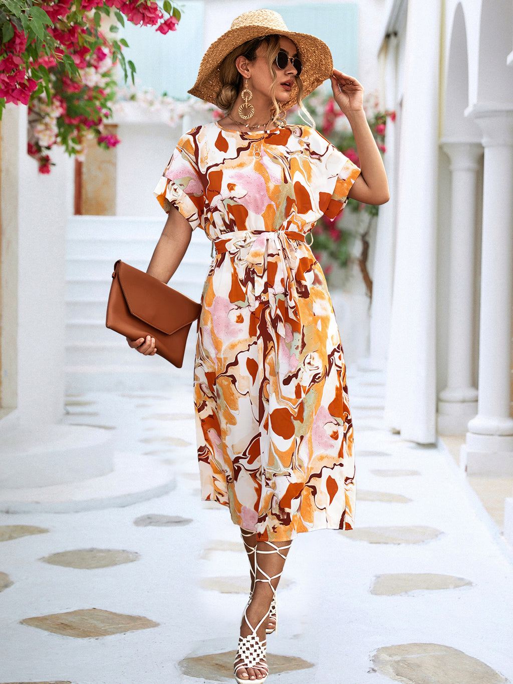 Robe d'été imprimée à manches courtes, ample, à lacets, de coupe trapèze, longue, à la mode, décontractée, pour la plage, pour femmes