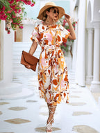 Robe d'été imprimée à manches courtes, ample, à lacets, de coupe trapèze, longue, à la mode, décontractée, pour la plage, pour femmes