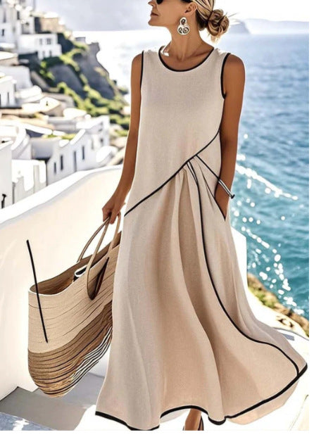 Robe Longue D'été Imprimée Rayures Décontractée Plage Vacances Manches Courtes Vêtements Femme