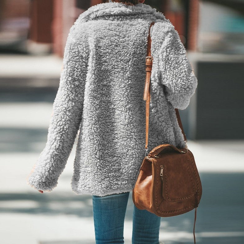 Manteau Femme Hiver à Revers Manches Longues en Fausse Fourrure Moelleuse