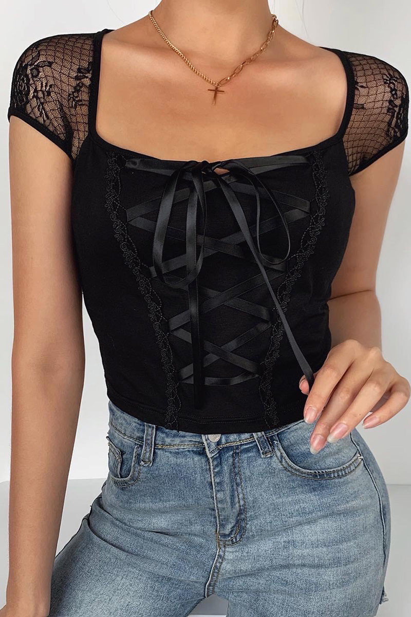 T-shirt sexy à bretelles et laçage pour femme