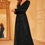 Robe de soirée élégante à sequins, manches longues, col en V et taille haute