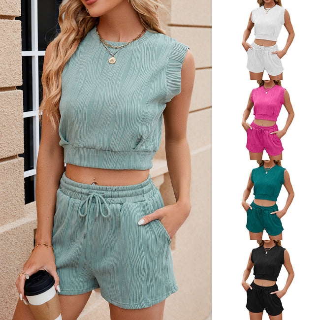 Ensemble 2 pièces d'été décontracté pour femme, motif vague couleur unie, haut sans manches à col rond et short avec cordon de serrage Hover Image