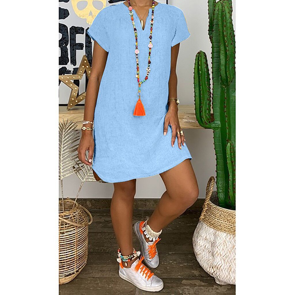 Robe d'été décontractée en coton et lin pour femme, couleur unie, manches courtes, col en V asymétrique