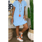 Robe d'été décontractée en coton et lin pour femme, couleur unie, manches courtes, col en V asymétrique