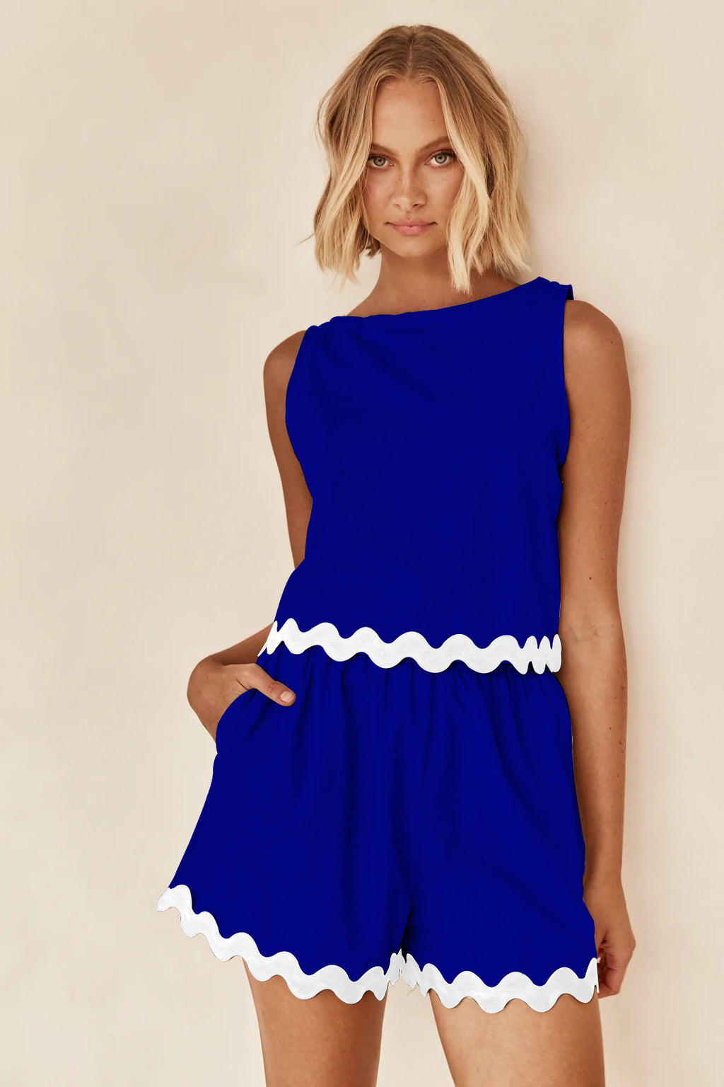 Ensemble Imprimé New Wave Débardeur Sans Manches Et Short Confortable Décontracté Couleur Unie 2 Pièces Pour Vêtements Femme