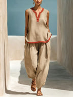 Ensemble Femme Chic en Coton-Lin Deux Pièces Pantalon Large et Haut Color-Block Contraste pour l'Été