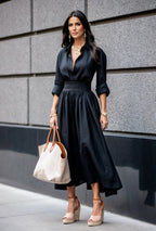 Robe longue femme à col en V et taille ajustée