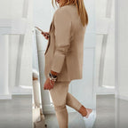Ensemble tailleur à manches longues de couleur unie pour femme - Blazer élégant à revers cranté avec poches et pantalon à taille élastique, tenue décontractée chic pour le printemps et l'automne