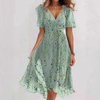 Robe d'été évasée à fleurs imprimées et col en V, à manches courtes pour femme