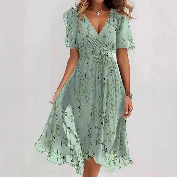 Robe d'été évasée à fleurs imprimées et col en V, à manches courtes pour femme Main Image