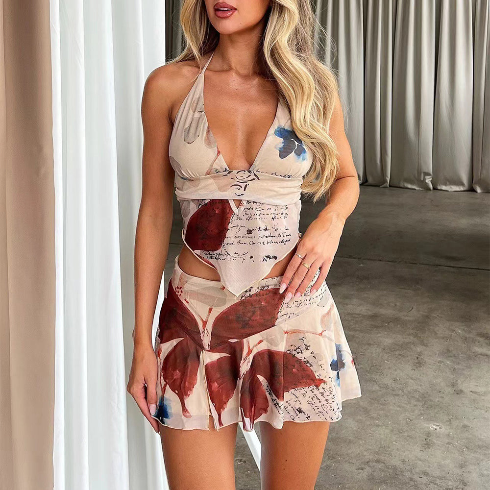 Ensemble 2 pièces imprimé, été, sexy, col en V, haut dos nu et jupe courte plissée, vêtements pour femmes