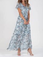 Robe courte à imprimé floral manches courtes Mode d'été Robes de plage à volants Vêtements pour femmes